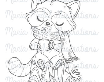 RACCOON- DIGITAL STAMP for scrapbooking, cardmaking, colouring page, planner sticker, fall journal, no-line coloring, kids crafts, clipart