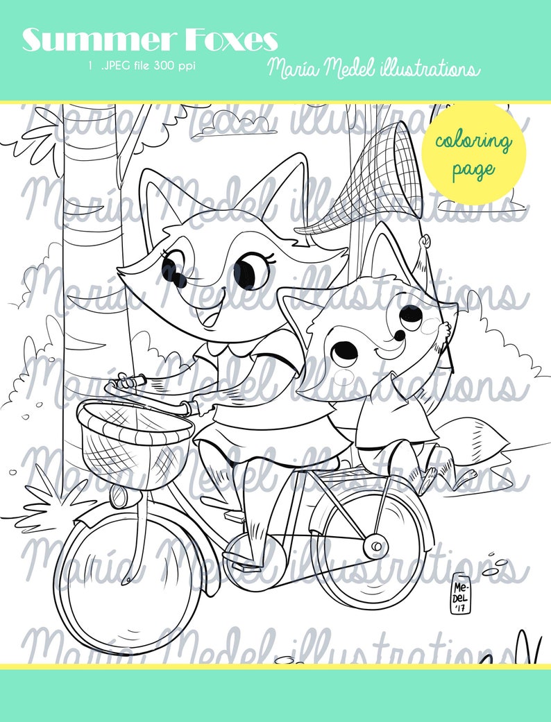 SUMMER FOXES coloring page-instant download image 1