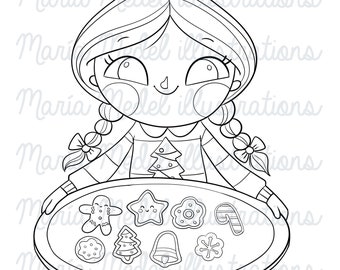 GIRL WITH COOKIES- Winter digi stamp for scrap booking, card making, Christmas and Winter crafts