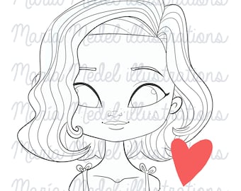 GIRL with short hair- digi stamp for  Scrap booking, card making, adult coloring, Planner, Valentine's, Galentine's, Besties