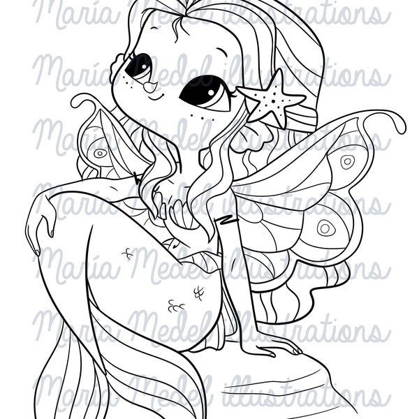 Fairy Mermaid 1. Digi stamp for Card making, Scrap booking, coloring page.Perfect for Spring crafts, Mermay crafts