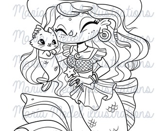 Good Mermaid Witch. Digi stamp for Card making, Scrap booking, coloring page.Perfect for Spring crafts, Mermay crafts