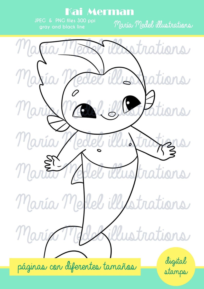 Kai merman. Digi stamp set for Card making, Scrap booking, coloring page.Perfect for Spring crafts, Mermay crafts image 1