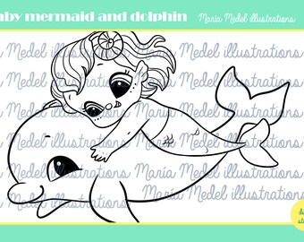 baby mermaid and dolphin. Digi stamp for Card making, Scrap booking, coloring page.Perfect for Spring crafts, Mermay crafts