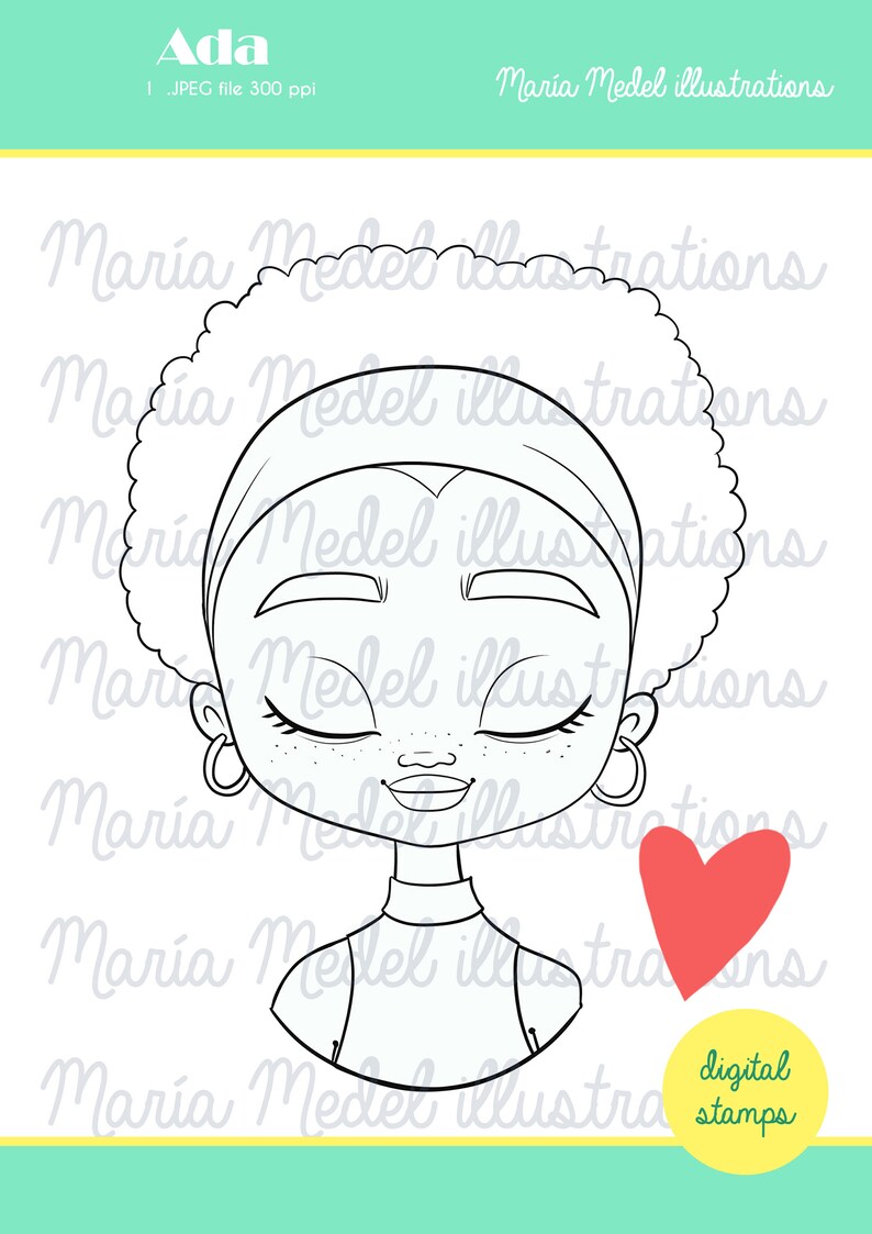 AFRICAN GIRL digi stamp for Scrap booking, card making, adult coloring, Planner, Valentine's, Galentine's, Besties image 1