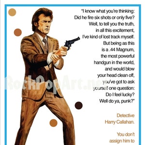 Clint Eastwood DIRTY HARRY Movie Poster reimagina el póster original con el famoso ".44 Magnum Quote!" ¡Pieza de estilo retro-vintage de los 70!