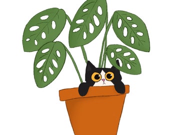 Tuxedo Cat in Plant Art Print | cat lover gift | A5