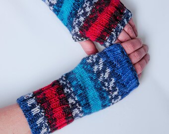 Fingerless gloves blue mittens knit  hand warmers multicolor knitted wrist wool hand knit texting gloves winter arm warmers knitwear UK