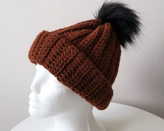 Brown beanie with black faux fur pompom - knit beanie - beanie hat - winter hat - warm knit cap - adult winter hat - bobble hat - wool knit