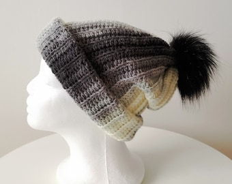 Grey ombre knit beanie with faux fur pompom - winter beanie - bobble hat - winter hat - knit wool cap - adult wool beanie - pom pom beanie