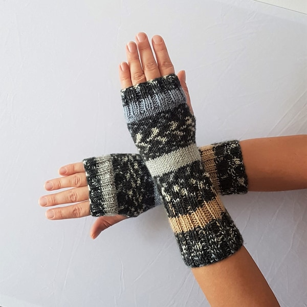 fingerless gloves arm warmers for women , wool gray winter gloves , fall knit mittens , wrist hand warmers gray beige blue , gift for her