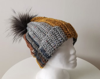 Colourful knit beanie with faux fur pompom - pom pom hat - wool beanie - winter hat - bobble hat - winter colourful beanie - adult knit cap