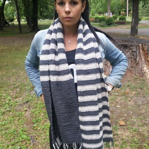 Crochet Scarf Knit Handmade Tassel Fringle Stripes Dark Grey Beige Long Scarves Knitted Men Women Winter Neckwarmer Wrap Around Vegan Scarf image 6