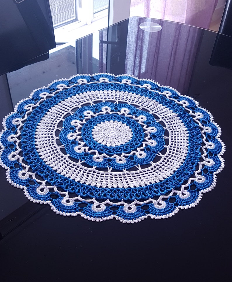 Large Crochet Doily Blue White Crocheted Doilies Beach House Etsy