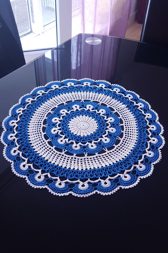 Large Crochet Doily Blue White Crocheted Doilies Beach House Etsy