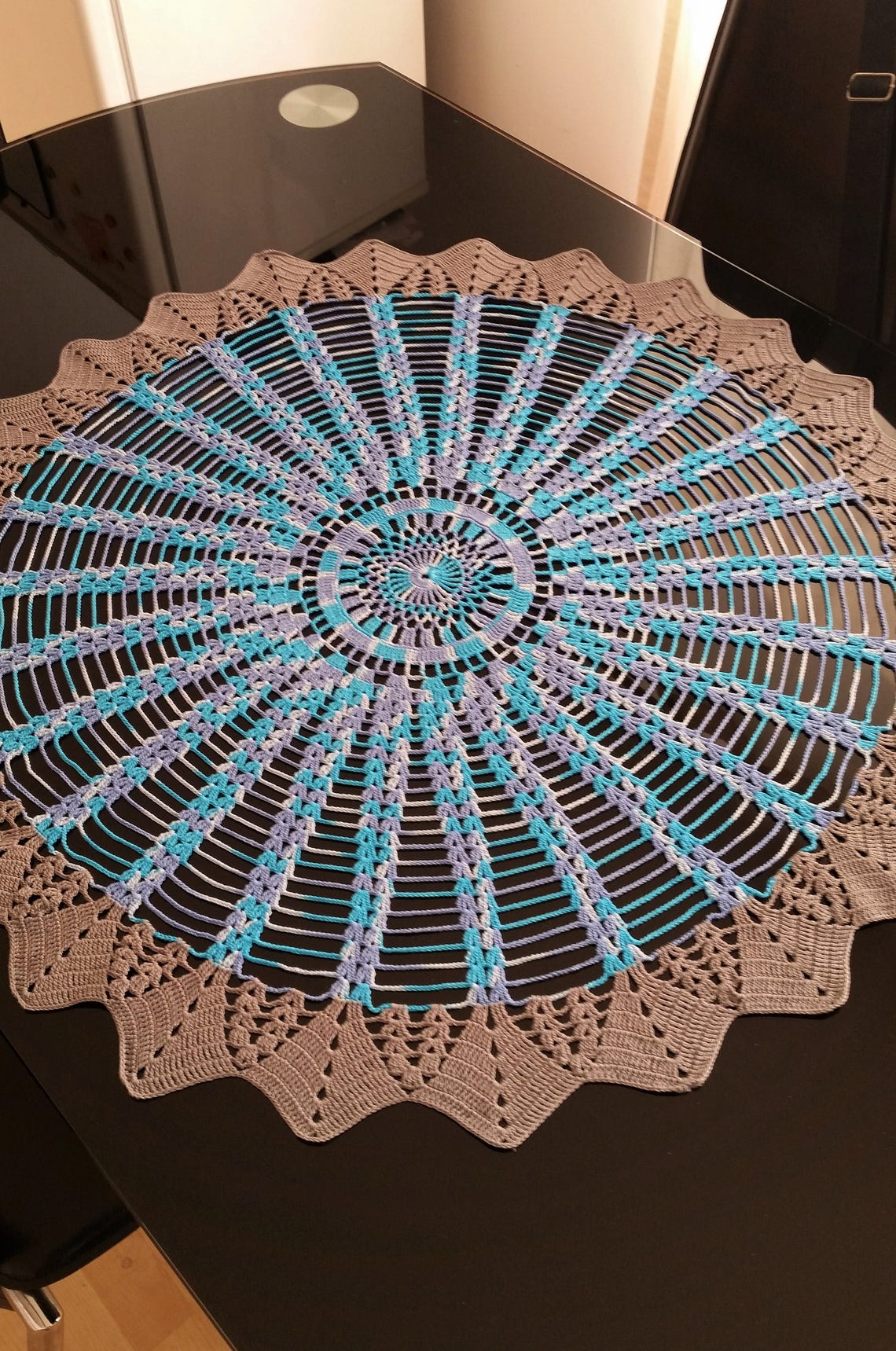 Crochet blue tablecloth 72 cm 28.5 inches crocheted big