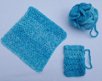 Cotton Crocheted Bath Set-Cotton Loofah-Cotton Washcloth-Cotton soap sack-eco friendly bath set-natural soap sack/saver-scrubby/loofah-cloth