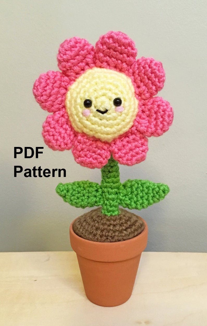 かぎ針編みの鉢植えの花のあみぐるみのパターン、花のかぎ針編み