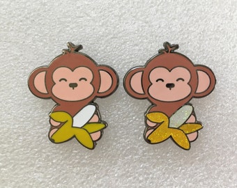 Monkey Enamel Pin, Kawaii Enamel Pin, Cute Enamel Pin, Monkey with Banana, Monkey Lapel Pin, Monkey Hat Pin, Banana Enamel Pin, Glitter