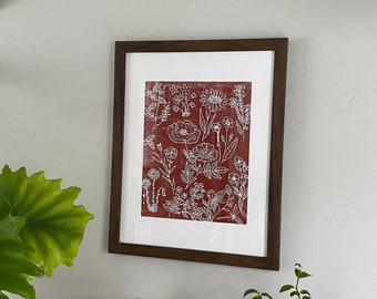 Wildflower Bloom Linocut Print in Rust