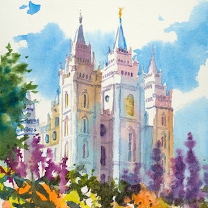 Salt Lake LDS Temple Painting, Salt Lake Temple Spring Painting, Utah LDS Temple Painting, LDS Art, Spring Watercolor Painting