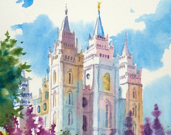Salt Lake LDS Temple Painting, Salt Lake Temple Spring Painting, Utah LDS Temple Painting, LDS Art, Spring Watercolor Painting
