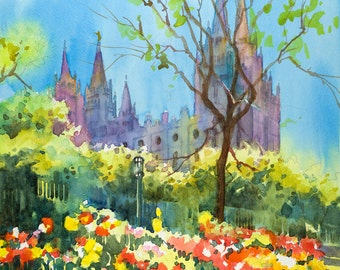LDS Salt Lake Temple Painting, Salt Lake Temple Watercolor Painting, Temple Square Watercolor, Spring Watercolor Painting
