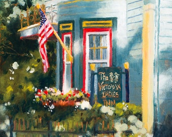 Blue House Painting, Patriotic Painting, Victorian House Painting, Victorian Ladies Inn