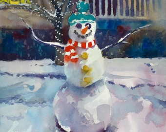 Christmas Snowman, Snowman Painting, Winter Painting, Snowman Watercolor, Christmas Painting, Snowman