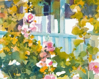 Floral Watercolor, Front Porch Watercolor, Hollyhocks Painting, Pink Flowers Watercolor