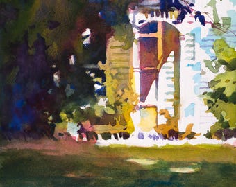 Front Porch Watercolor Painting, Watercolor Painting, Watercolor Print, Green Foliage Painting, White Porch Painting, White House Painting