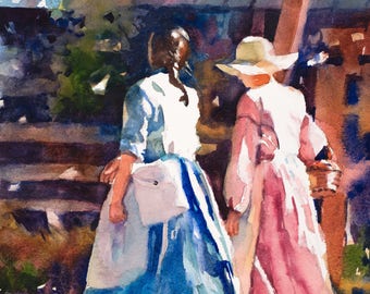 Watercolor Print, Watercolor Painting, Painting of Two Women, Pioneer Painting, Women in Dresses, Casual Converstation