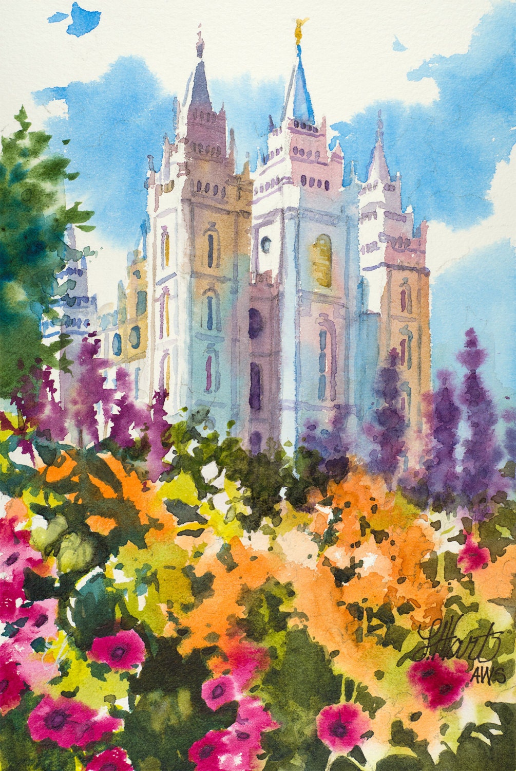 Salt Lake LDS Temple Painting, Salt Lake Temple Spring Painting, Utah LDS  Temple Painting, LDS Art, Spring Watercolor Painting, image size:1005x1500