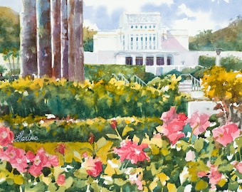 Hawaii LDS Temple, Laie Hawaii Temple, Hawaii Temple Print, LDS Watercolor, Mormon Art, Hawaii Temple Watercolor