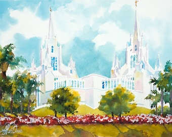 San Diego LDS Temple, LDS Temple Watercolor, San Diego California, LDS Temple Print, Mormon Art