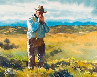Harmonica Player, Musical Painting, Cowboy Painting, Watercolor Painting, Watercolor Print, Home Art