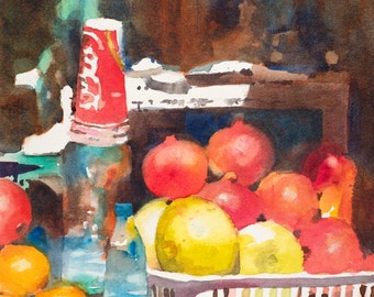 Fruit Painting, Still Life, Red Painting, Coca Cola Art, Pomegranate Watercolor Painting, Watercolor Print, Kitchen, Home Art