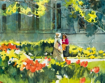 Garden Watercolor Painting, Spring Watercolor Painting, Flower Watercolor Painting, LDS Temple Square Painting