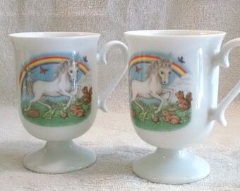 Pedestal Rainbow Unicorn Mugs Pair Mystical Woodland Vintage Coffee Cup
