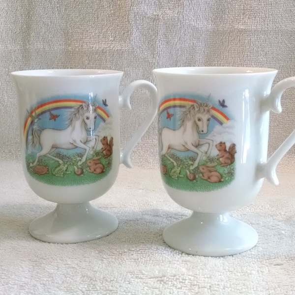 Pedestal Rainbow Unicorn Mugs Pair Mystical Woodland Vintage Coffee Cup