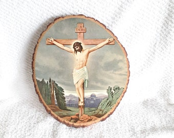 Wood Slab Art Vintage Wall Hanging Jesus Crucifix Religious Christian Decor