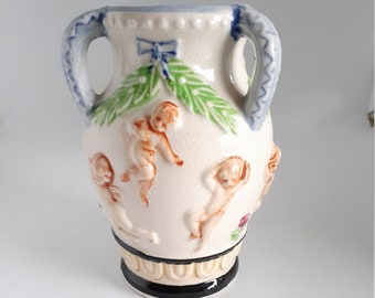 Vtg Vase with Cherubs and Three Handles very Aged Glaze Designs