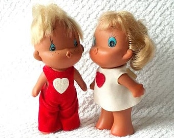 Vintage Kamar Kissing RARE Dolls Wide Blue Eyes Pursed Lips Velvet Type Clothing with Hearts