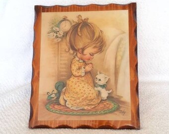 Vintage Laminated Wood Plaque Little Girl and Kitten Wall Hanging