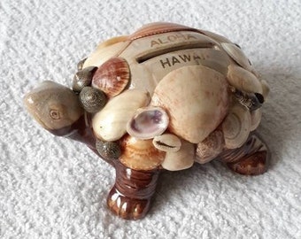 Ceramic Turtle Coin Bank with Aloha Hawaii Sea Shells