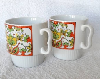 Groovy Stacking Mug Pair Vintage Floral 70's Pedestal