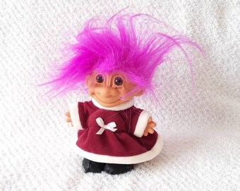 Vintage Troll Doll Russ Berrie Toys 90s Pink Hair Christmas Dress