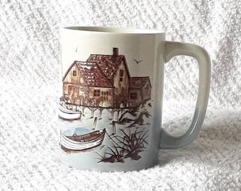 Vintage Otagiri Mug with Water Lighthouse Fishing Sailboat