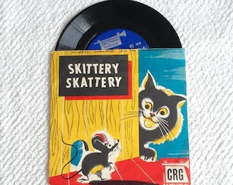 Vintage 1950' Children's Vinyl Record Guild RARE 45 Collectable with Mid-Century Illustrated Cat and Mouse Sleeve Skittery Skattery Tested