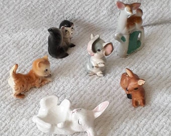 Mixed Ceramic Animal Lot VTG Figurines Deer Bunny(egg cup) Elephant Skunk Kitten